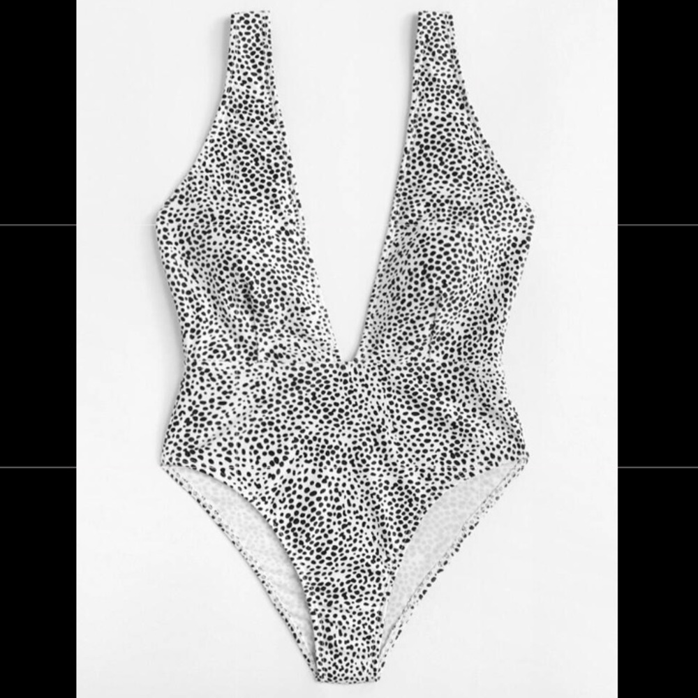 SHEIN Dalmatian Print Plunging One Piece Swimsuit